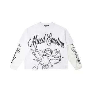 T-shirt graphique manches longues strass cupidon streetwear blanc haut vetement top