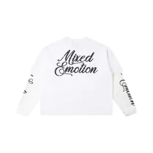 T-shirt manches longues blanc faux deux pièces streetwear avec lettres strass mixed emotion dos