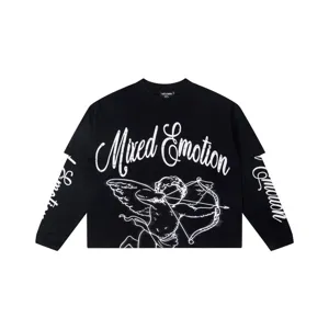 T-shirt noir à manches longues faux deux pièces streetwear haut graphique femme homme