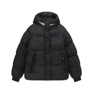Black hooded puffer jacket with warm cotton filling, zipper pockets and ribbed cuffs detail.