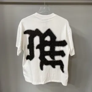 White short sleeve t-shirt with back gothic rhinestone letter graphic print for casual style.