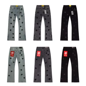 Men's Women's Casual Straight Leg Denim Jeans American High Street Style Embroidered Letter Cotton Blend Long Pants