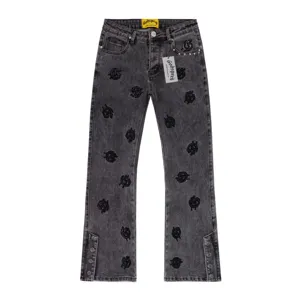 American high street vintage washed black denim jeans with gothic embroidery letters straight fit.