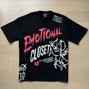 Black streetwear short sleeve t-shirt with emotional closet graphic print and angel design.