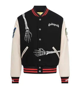Black white skeleton varsity jacket, streetwear embroidery baseball coat unisex.