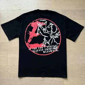 Detailed view of the black graphic t-shirt featuring a cupid print and text on the back.
