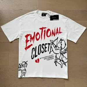Detail shot of white short sleeve t-shirt with emotional closet graphic and cupid print.