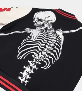 Cross-border streetwear skull embroidered varsity jacket for men and women, black and white.