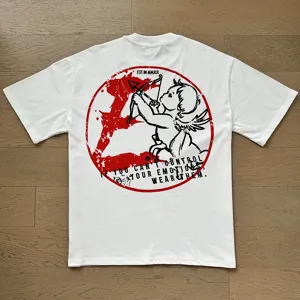 Casual white short sleeve t-shirt featuring trendy cupid and letter print back design.