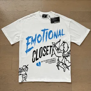 Detailed view of white streetwear short sleeve t-shirt with graphic print and cupid design.