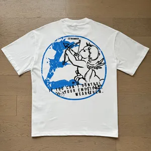 White short sleeve t-shirt with cupid back graphic print, casual streetwear style detail.