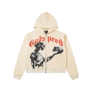 Men's vintage washed zip-up hoodie featuring gothic skull graphic and red letter print for street style.