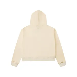 Plain beige hooded sweatshirt back view, high street casual fleece pullover hoodie style.