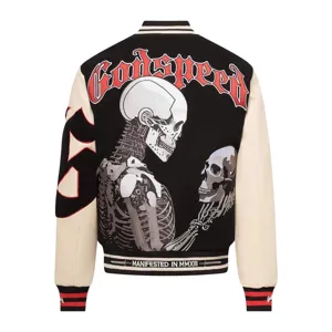 Black white skull embroidery varsity jacket streetwear men women casual outerwear coat