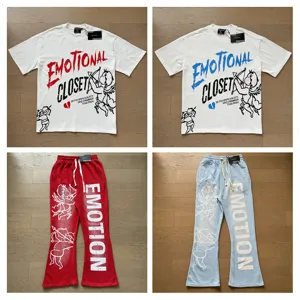Men Women Casual Cotton T-Shirt And Washed Pants Cupid Angel Print Short Sleeve Top Loose Streetwear Street Style
