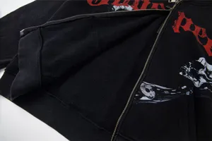 Men's black full-zip hoodie with gothic skull print, high street style cotton outerwear.