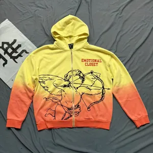 Gradient zip up hoodie with cupid graphic and chest lettering for street style fashion.