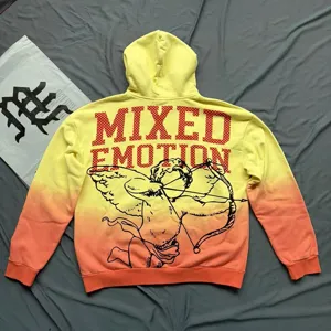 Gradient hoodie with cupid angel graphic and mixed emotion letter print, streetwear style.