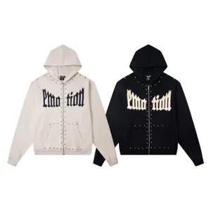 Sweat à Capuche Unisexe High Street Perlage Lettre Gothique Zip Up Sweatshirt Coton Veste Large Manteau Oversize