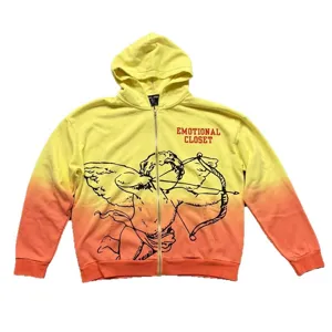 Gradient zip-up hoodie featuring cupid angel graphic print and chest lettering for street style.