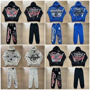 Mixed Emotion Angel Graffiti Letter Printed Hoodie And Bottom Set American High Street Cotton Streetwear Unisex Casual Outfit