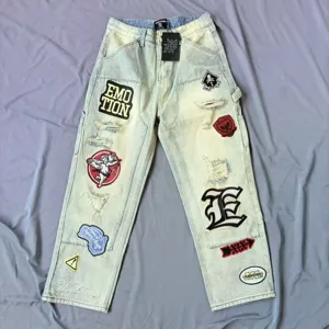 Pantaloni Jeans a Gamba Dritta con Ricamo Geometrico High Street Uomo Donna Denim Lavato Effetto Usurato Streetwear Hip Hop Casual