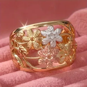Anillo ancho flor oro multicolor calado anillo statement tres tonos mujer joya elegante
