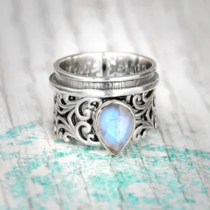 Anillo Giratorio Vintage de Cobre Con Gota de Agua para Mujer Plata Antigua Tallado Hueco Geométrico Piedra de Luna Artificial