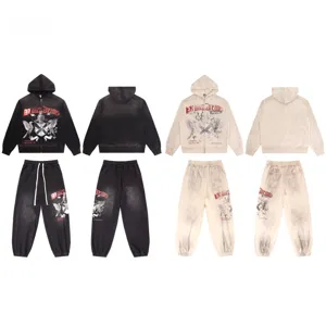 Felpa Con Cappuccio Zip Cotton Washed Distressed O Pantaloni Jogger Lettera Gotica Vintage High Street Streetwear Casual Top Bottom
