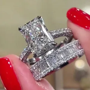 Luxe radiant geslepen zirkonia bruids ring set dubbellaagse stapelbare ringen vrouwen