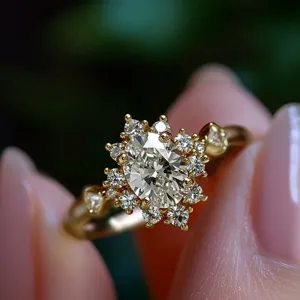 Detalle en primer plano del brillante anillo de diamantes en racimo, elegante joya dorada.