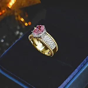 Anillo de metal bicolor con piedra preciosa rosa estilo vintage francés para mujeres elegantes