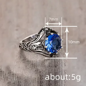 Vintage gothic silver ring with blue gemstone, retro carved band for women and girls.