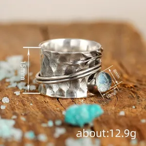 Vintage antique silver ring with leaf wrap and faux moonstone for women, elegant jewelry.