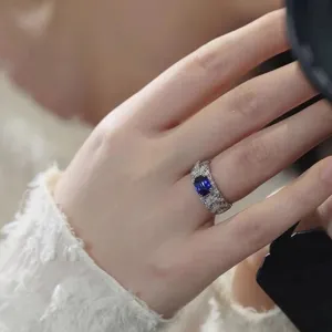 Stunning simulated sapphire wide ring with double prong pave cubic zirconia for women chic