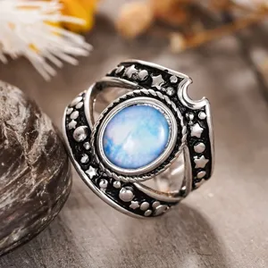 Anillo punk de estrella y luna vintage para mujer, joyería de plata retro gótica con piedra azul.