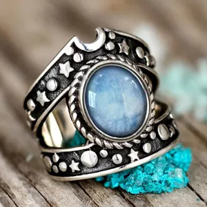 Anillo Punk Vintage Estrella Luna Para Mujer Cobre Plateado Antiguo Diamante Imitación Azul Anillo Retro Joyería Moda Regalo
