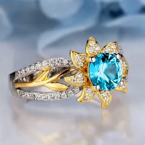 Pastoral Copper Two-Tone Sunflower Ring Zirconia Inlaid Flower Leaf Blue Simulated Sapphire Open Finger Ring Vacation Jewelry For Women
