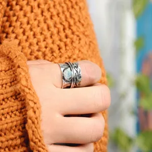 Vintage Antique Copper Imitation Moonstone Open Ring For Women Plant Leaf Lines Wrapped Electroplated Burnished Finger Ring Everyday Casual Jewelry Gift