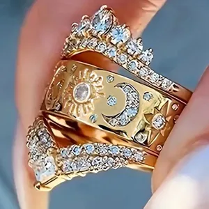 Anillos Mujer Estilo Corte Vintage Cobre Strass Juego Apilable Geométrico Corona Sol Luna Juego Multi Pieza Joyería Moda Conmutar Regalo