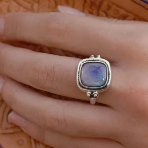 Anillo cuadrado de plata con piedra azul para mujer estilo retro moda joya accesorio