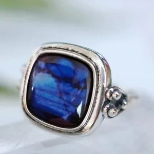 Anillo vintage de plata 925 con piedra azul cuadrada estilo retro joya para mujer