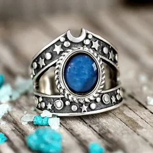 Vintage Estrella Luna Piedra Azul Anillo Plata Retro Punk Joya Mujer Estilo Chic