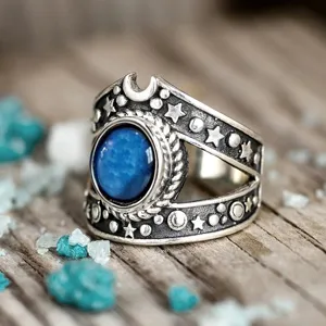 Anillo de plata vintage con piedra azul luna estrella, joya punk celestial para mujer chic