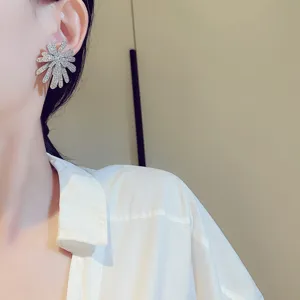 Nahaufnahme Detailaufnahme von glitzernden Zirkon-Feuerwerks-Ohrsteckern, elegantes Design.
