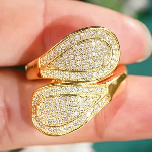 Anello aperto in zircone cubico a doppia goccia dorata da donna gioielli brillanti eleganti