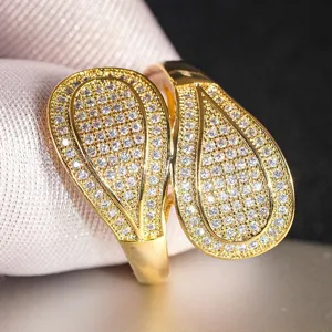 Anello doppio goccia zircone pavé placcato oro lusso alta moda gioielli donna