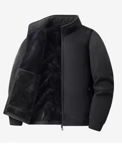 Men winter warm thick fleece jacket black stand collar casual outdoor outerwear detail