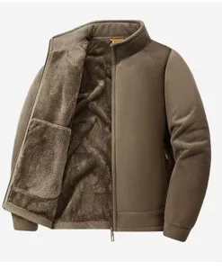 Men's thick polar fleece jacket detail, warm stand collar zip up winter casual outerwear.