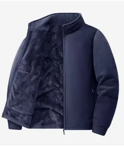 Detail view of men's thick fleece jacket inner lining, warm stand collar autumn winter outerwear.